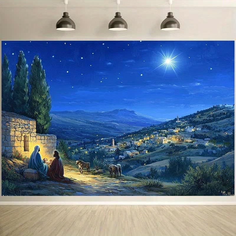 1 Weihnachtshimmelhintergrundstoff mit Sternen, dem Weisen Mann und dem Berg Bethlehem - langlebige Polyester-Feiertagsdekoration
