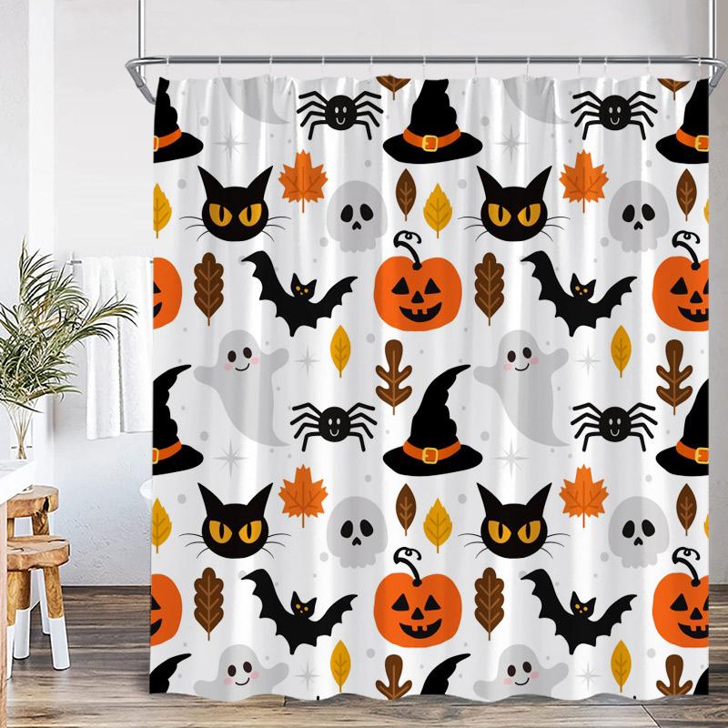 Halloween Shower Curtain Funny Spooky Pumpkin Skull Bat Flower Plant Night Forest Bath Curtains Home Bathroom Decor with Hooks