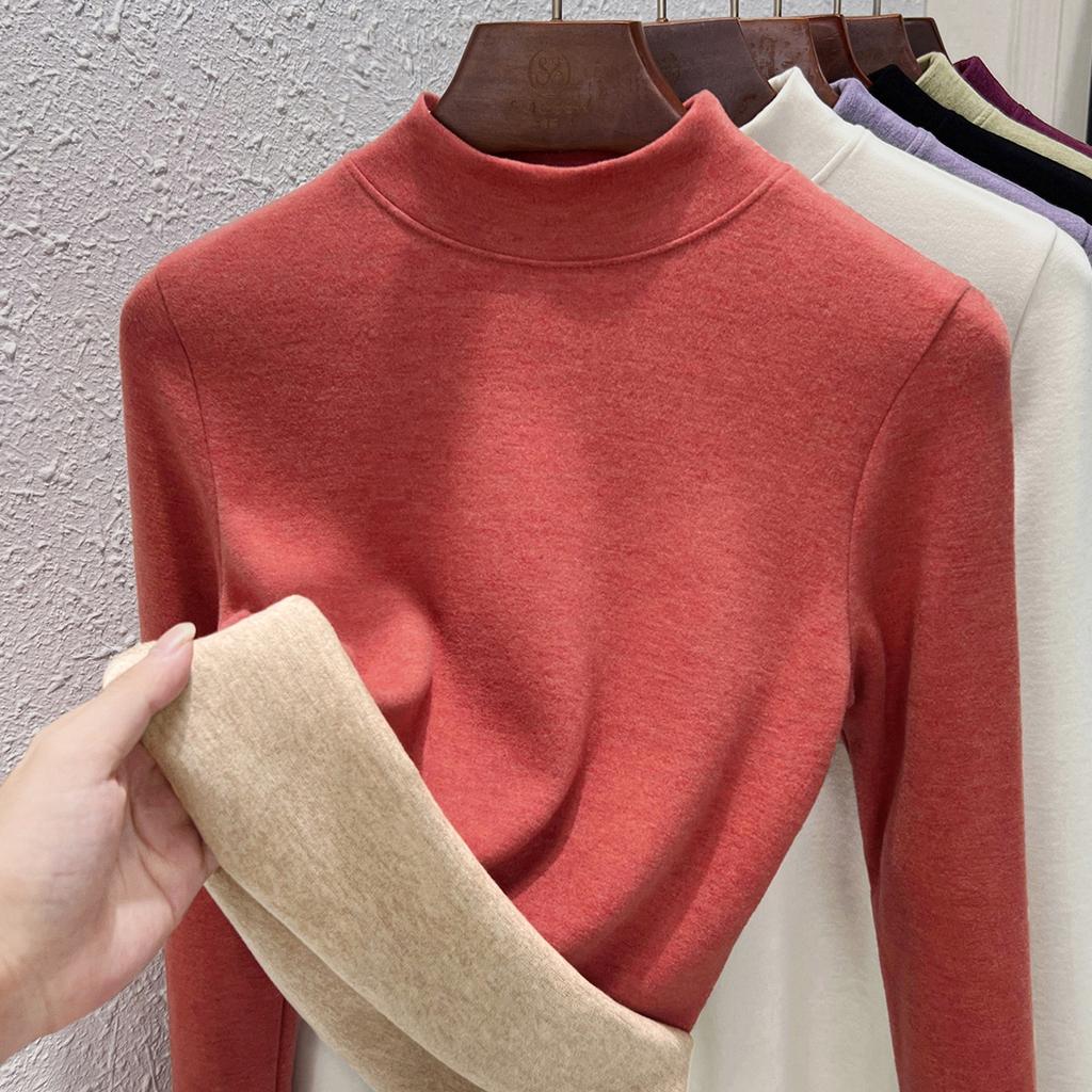 Autumn and winter women's clothing containing wool and silk bottoming shirt women's inner heating fleece warm turtleneck top with fleece and thicker