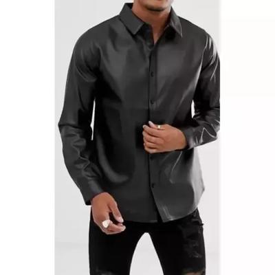 AL KHALID Camicia da Uomo Elegante Casual Fatta a Mano Vera Pelle di Agnello Morbida Nera