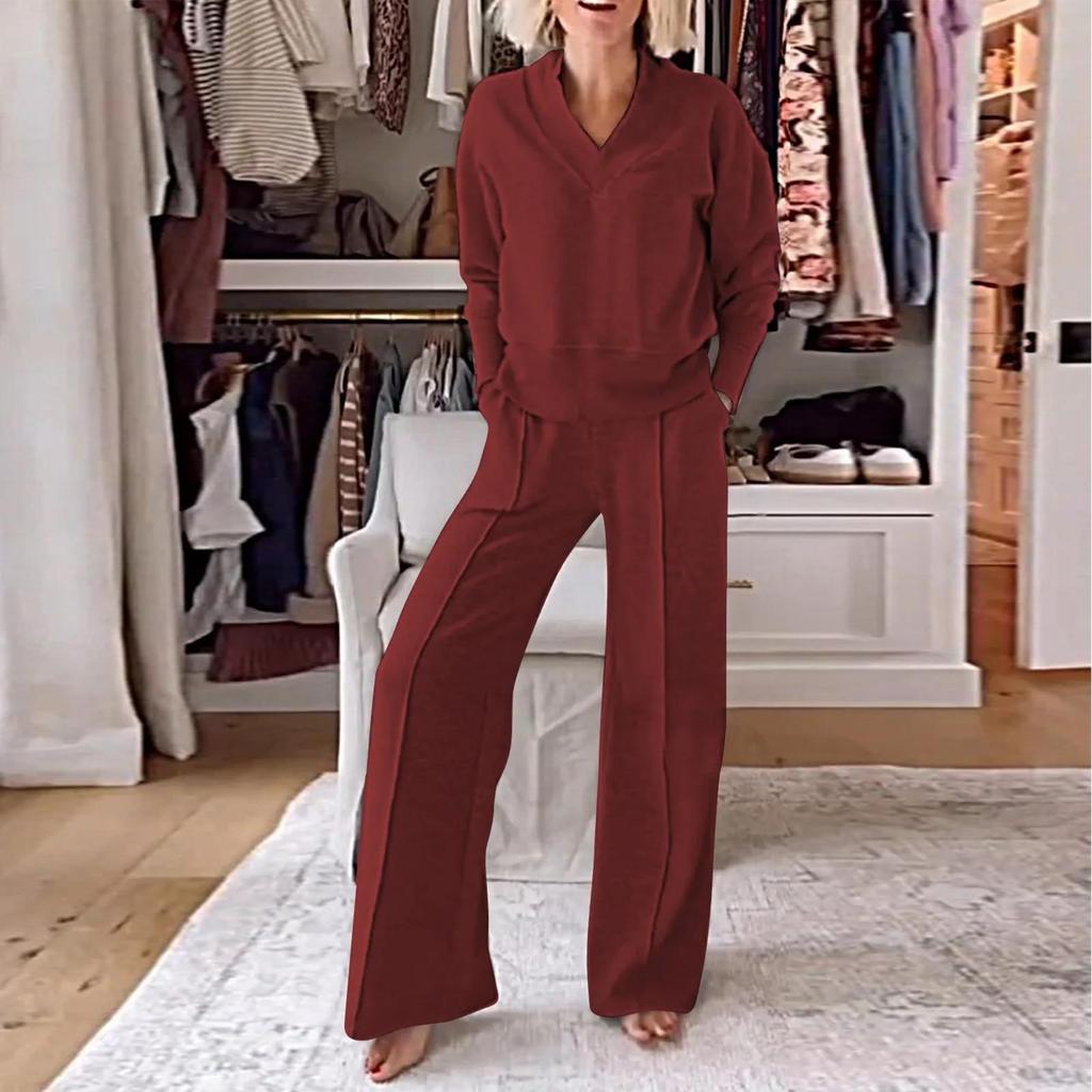 Women's Casual V-Neck Long Sleeve Loose Top Wide Leg Pants Two-Piece Set