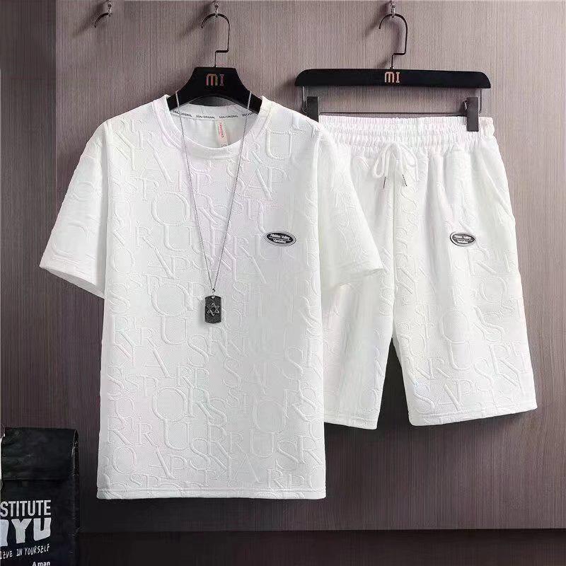 Summer Men's  Suit Casual Solid Color Waffle T-Shirt and Shorts Set