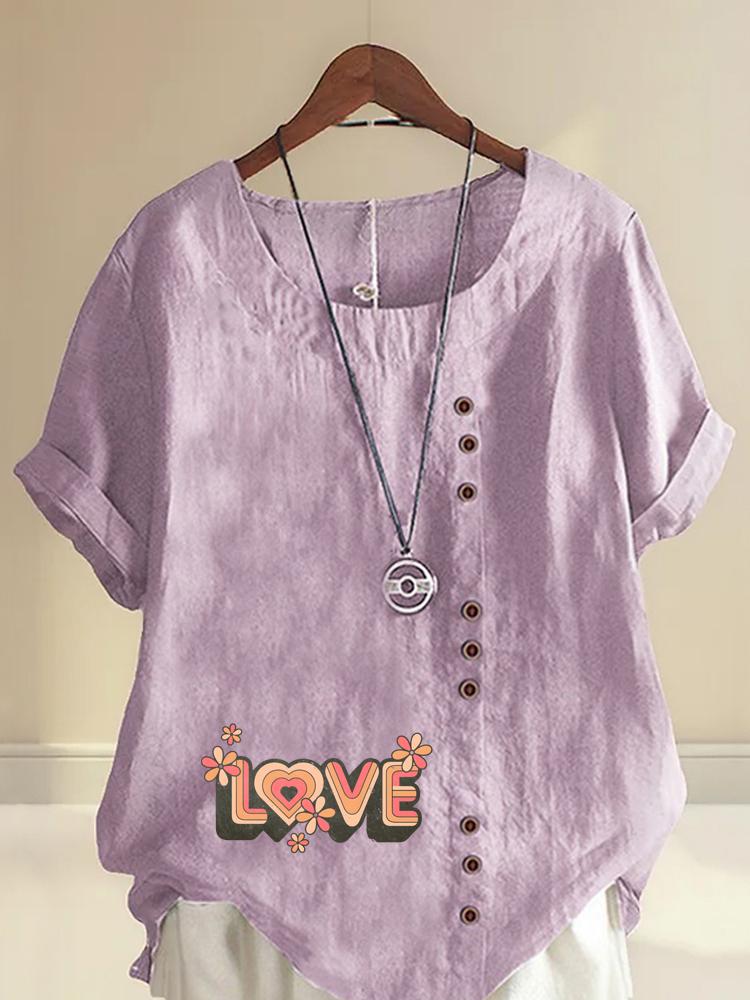 Women's Fashion Love Letters Print Casual Cotton Linen Short Sleeve Round Neck T-shirt Shirt Leisure Loose Summer Blouse Tops