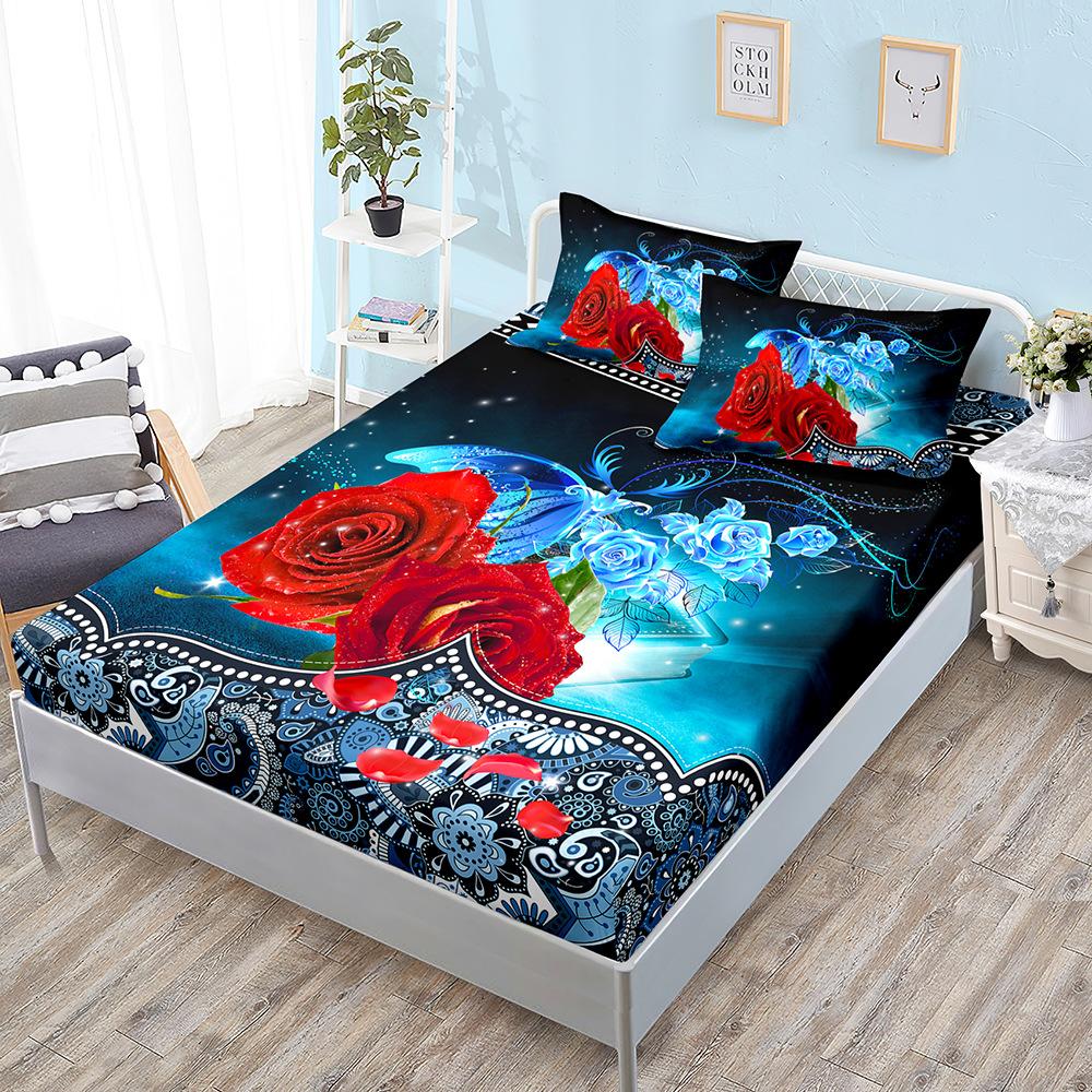Flower Rose Kit, Bed Hat Three-Piece Set, Bed Cover, Pillowcase, Mattress Protective Cover, Bed Sheet All-Inclusive.
