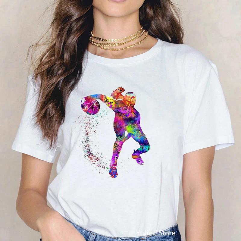 Summer 2024 Watercolor Basketball Girl Art Print Tee Shirt Femme 90s Sports Camisatas Mujer Tees Harajuku Kawaii Tops Tshirts