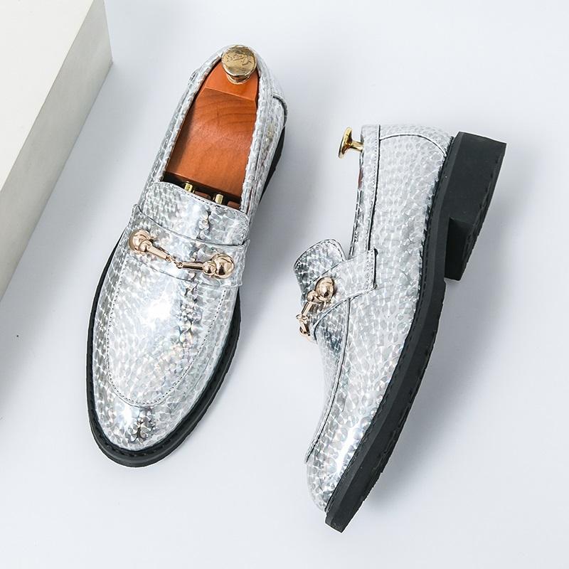 Thick Bottom New Pointed Gold Silver Blue Wedding Metal Button Leather Shoes for Men Casual Loafers Homecoming Dress Footwear
