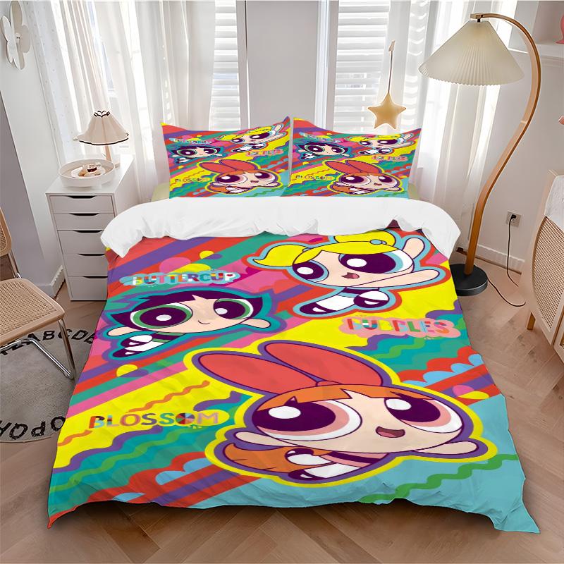 Σετ Κλινοσκεπασμάτων 3 Τεμαχίων Powerpuff Girls Adventure Print με Κάλυμμα Παπλώματος και 2 Μαξιλαροθήκες Οικιακό Δώρο Γενεθλίων