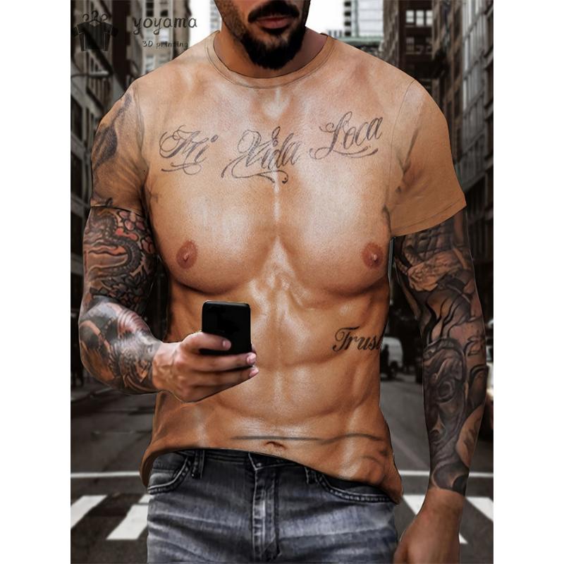 Funny Fake Muscle 3D Print Sports Quick Dry Breathable Men T-shirt Outdoor Street Casual Fashion Cosplay Party Short Sleeve Top