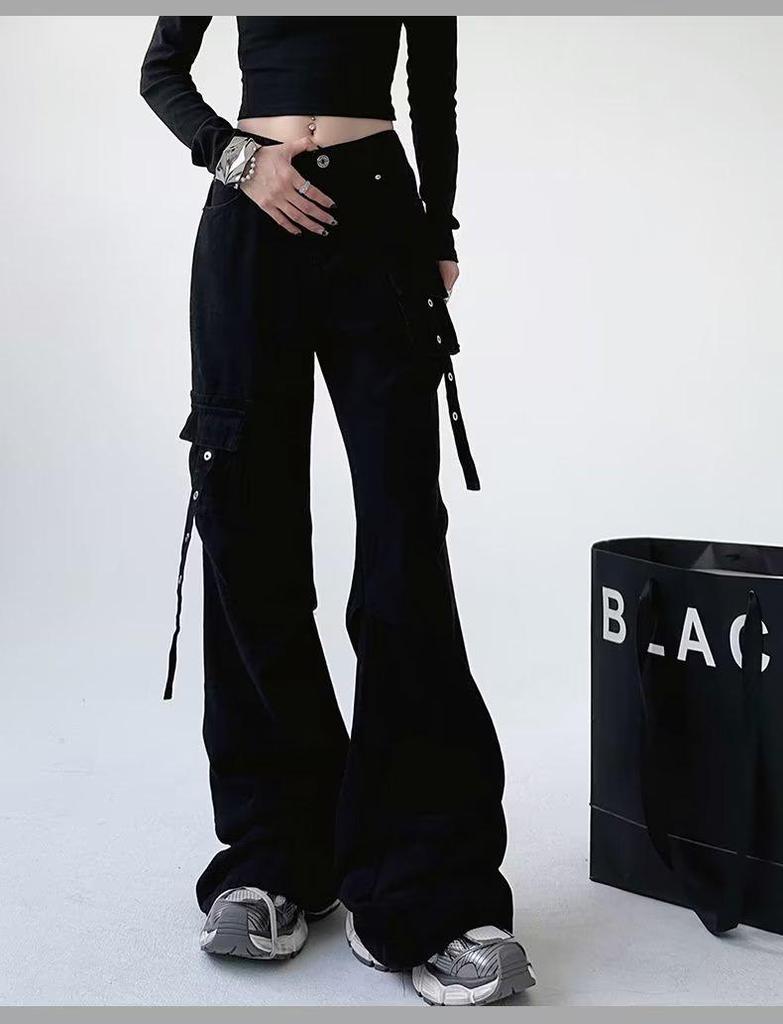 Women's Multi-Pocket High Waist Workwear Jeans - Autumn Loose Slimming Straight Leg, Versatile Wide-Leg Floor-Length Pants