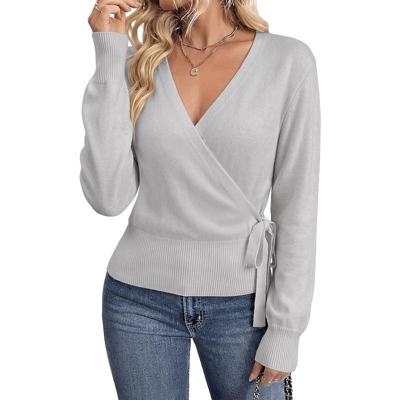 Women S V Neck Long Sleeve Knit Cardigan Sweater Cross Strap Spring Autumn