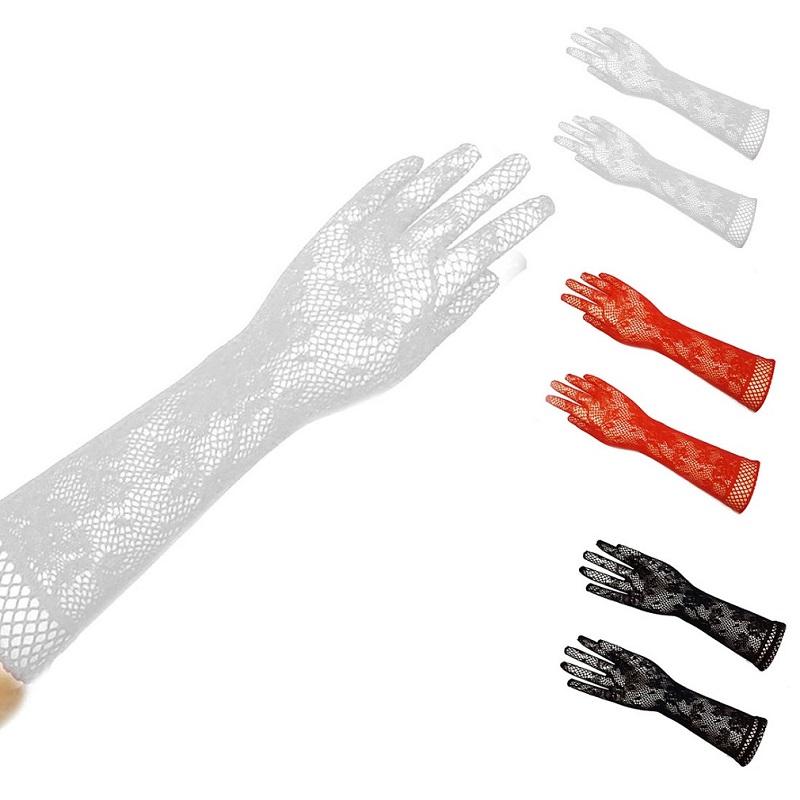 Ladies Sexy Transparent Mesh Floral Elastic Bride Long-sleeve Lace Gloves Gothic Punk Mittens Cosplay Fancy Dress Gloves