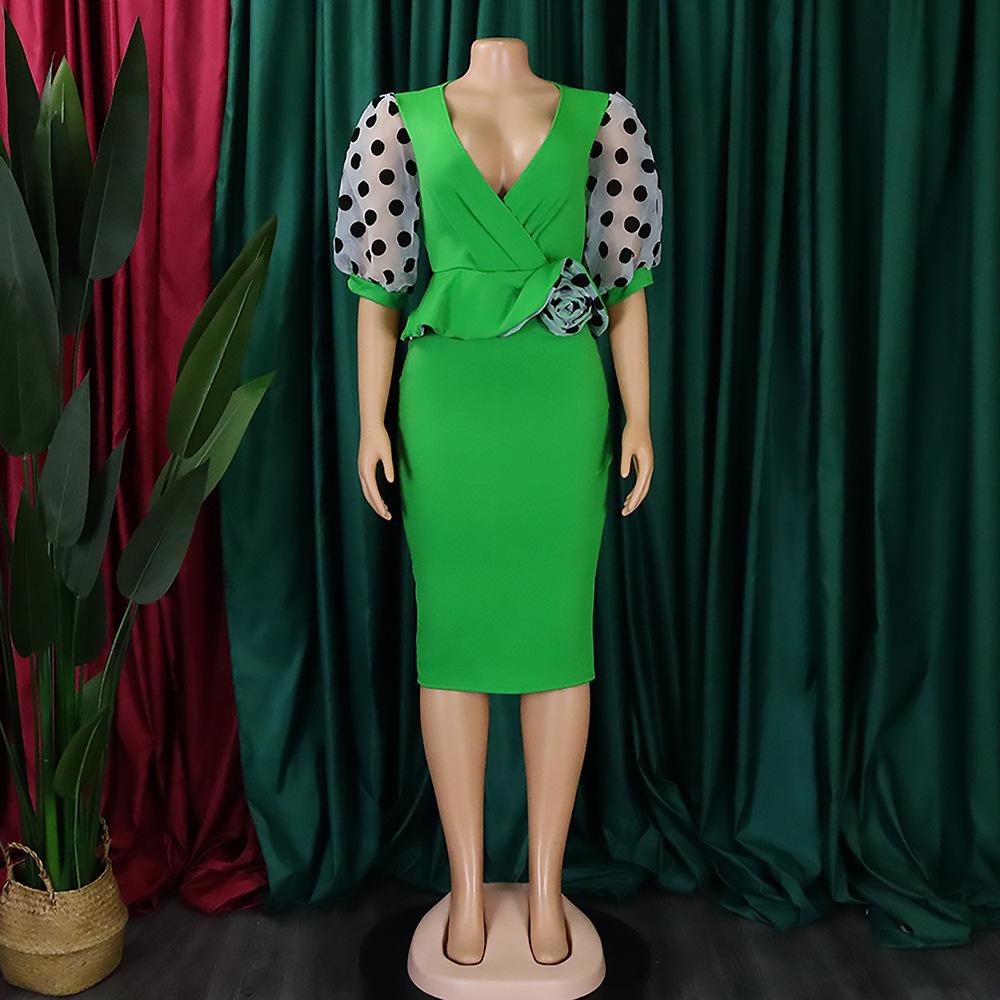 Modisches, lässiges Patchwork-Kleid für Damen im europäischen und amerikanischen Stil mit gepunkteten Puffärmeln und übergroßer Zunge