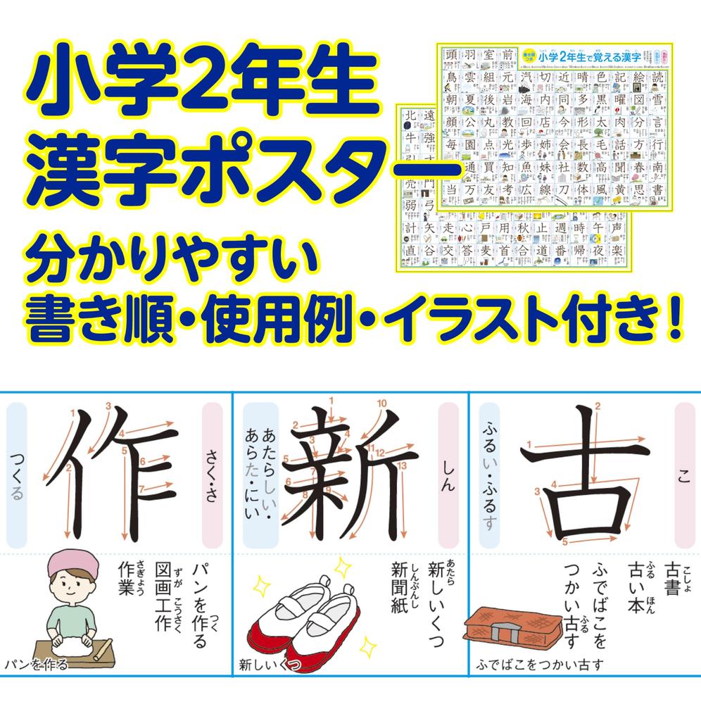 Bath Poster for Second Kanji A3 Yupo 2 Includes Stroke Usage and Illustrations [Fully Waterproof] Graders Chart, Paper, Sheets, Order, Examples,