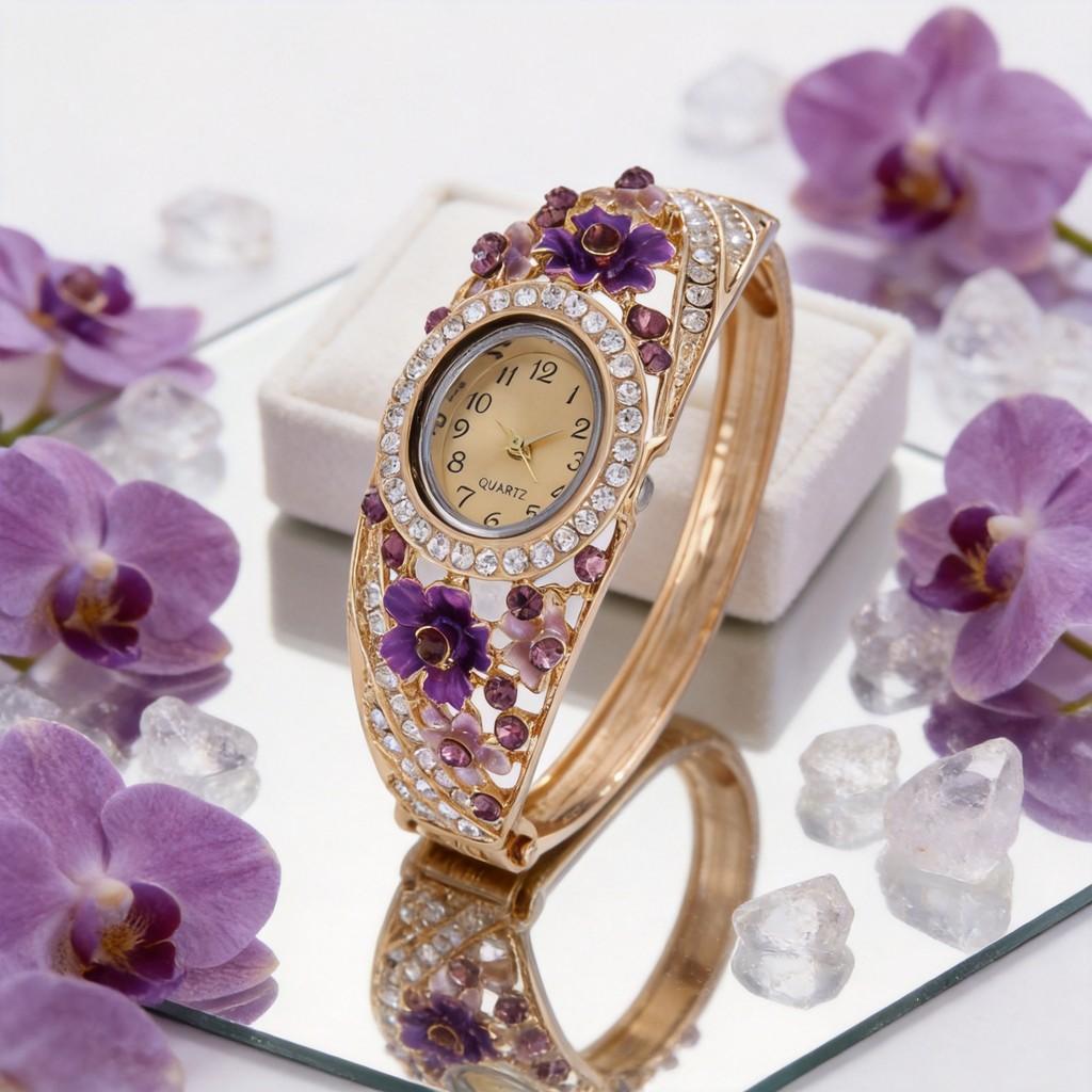 Fashion Ladies Diamond Quartz Watch With Flower Alloy Bracelet For Elegant Wear