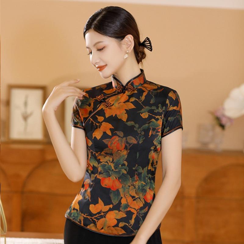 Blusa Elegante de Satén para Mujer Estampado de Flores Camisa Cheongsam Estilo Chino Tradicional Ropa Tang Disfraz de Verano Otoño