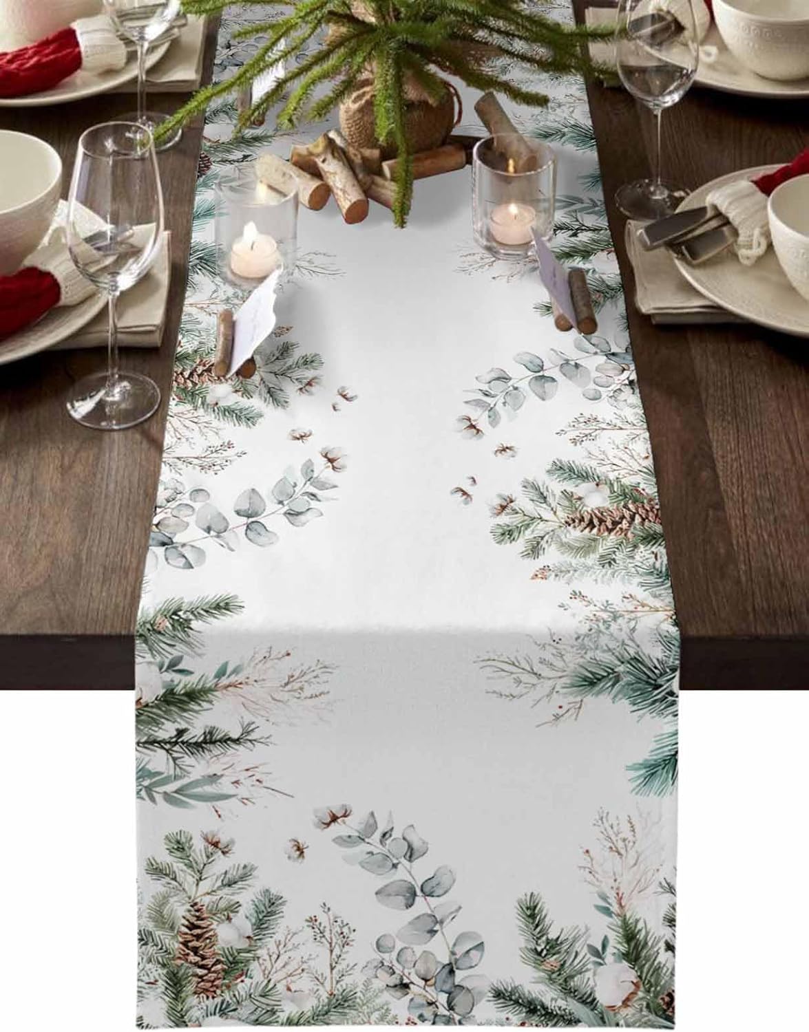 Veselé Vánoce Eukalyptus Borové Jehličí Len Běhoun na Stůl Party Dekorace Zimní Vánoční Šiška Běhouny na Jídelní Stůl Domácí Dekorace 150x33cm white
