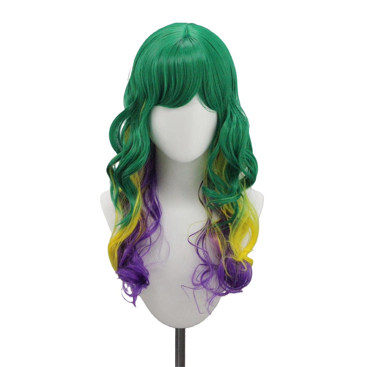Длинный волнистый кудрявый синтетический парик с челкой, зелено-желто-фиолетовый омбре-градиент для косплея, вечеринки, на каждый день