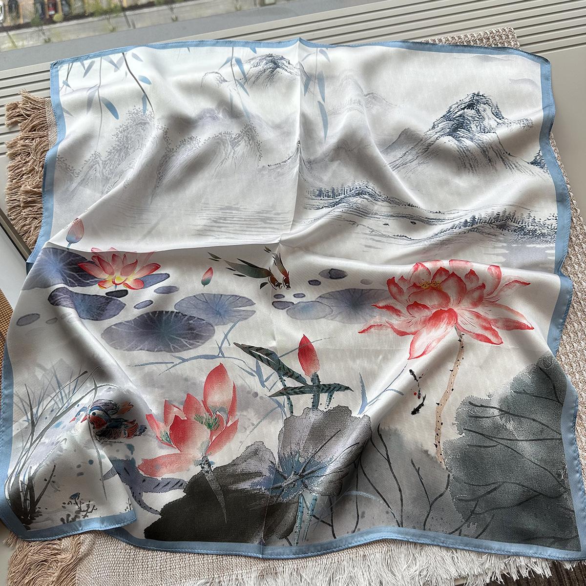100% mulberry silk square scarf literary style ink lotus leaf silk scarf women s spring new scarf 65*65cm