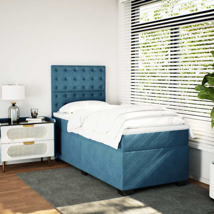 VidaXL Slat Bed Base with Blue Mattress 90x200 Cm Velvet 3290826