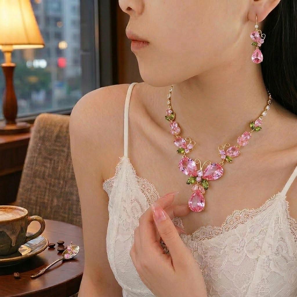 Fashion Trend Pink Butterfly Zircon Jewelry Set: Elegant Earrings & Necklace with Flowing Design