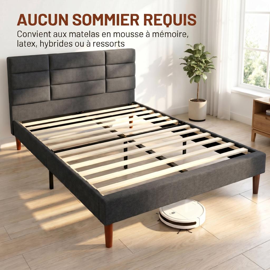 Bed Frame 140 X 200 Cm With Wooden Slatted Base Double Bed Upholstered In Linen Effect Storage Underneath Noise Free Gray