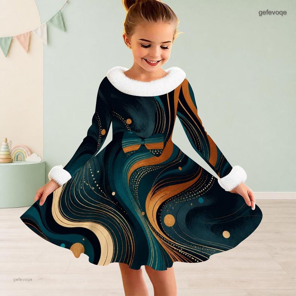 Girls Furry Collar Long Sleeve Galaxy Printed A Line Flared Dress