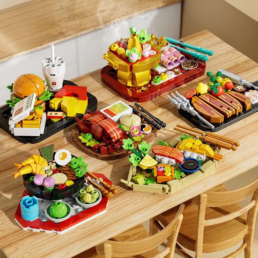 6 Box Food Building Blocks Toys Kids Pretend Play Hot Pot Steak Sushi Roast Duck Hamburger Building Blocks