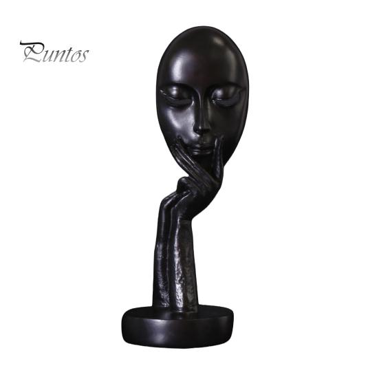 Stable Base Decoration Abstract Contemplative Face Resin Sculpture, Minimalist Hand-on-Chin Bust Statue for Desk Living Brushed Black Ornament