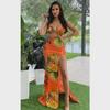 European & American Women's Printed Sexy Slit Sling Long Dress