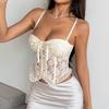 Women Sweet Embroidered Sequined Patchwork Lace Up Slim Fitted Padded Camisole Tank Top