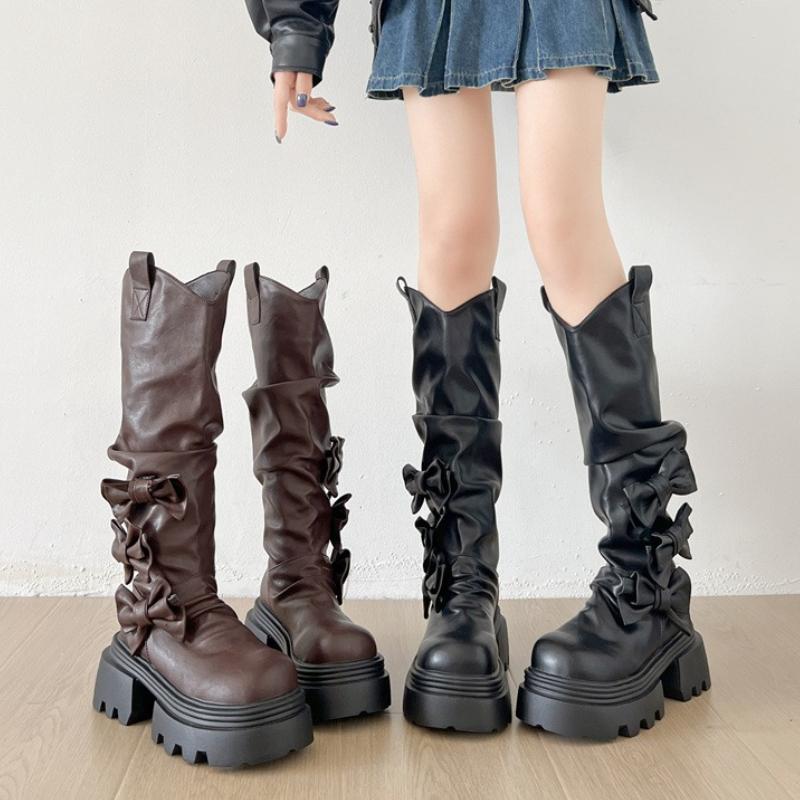 Fashion Vintage Height Increase Women Knee High Boots Fashion Butterfly-knot Ladies Thick Heel Long Knight Booties Autumn Winter