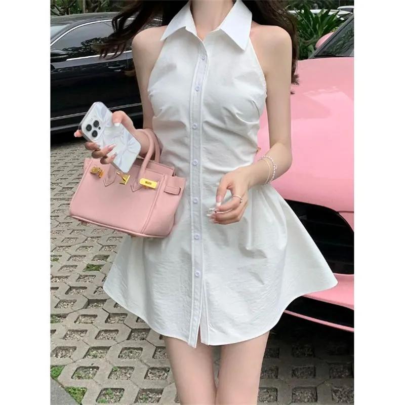 Women's Summer Pink Halter Collared Button Down Mini Shirt Dress