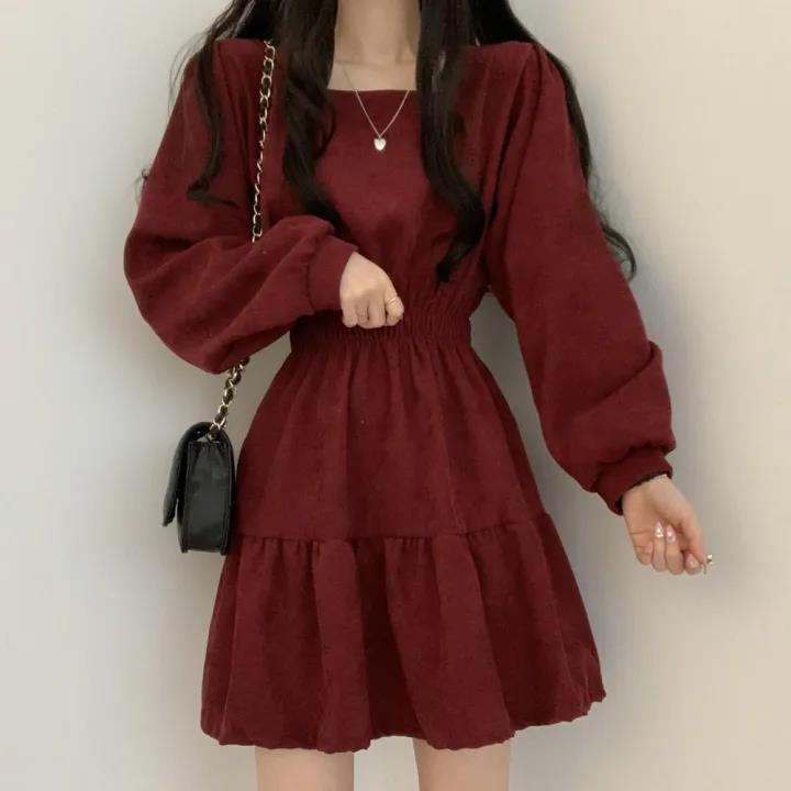 European & American Style Pleated Square Collar High Waist Retro Dress