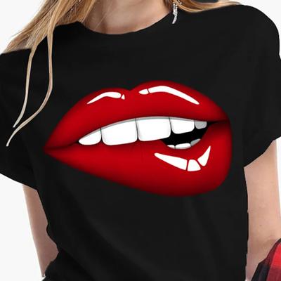 T-shirts à motif lèvres sexy pour femmes, tendance et humoristique, noirs, décontractés, col rond, manches courtes, pull surdimensionné pour femmes