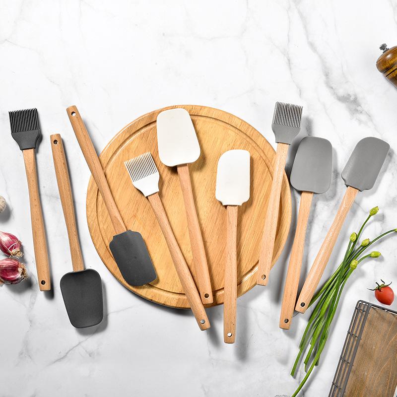 3 PIÈCES Racloir à Crème DIY Spatule à Pain Gâteau Beurre Fouet Pinceau à Huile Outil de Boulangerie Cuisine Spatule Manche en Bois Silicone Anti-adhésif