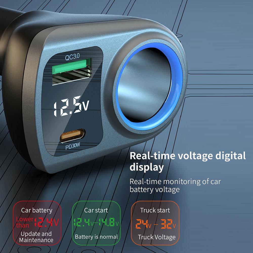 K29 Car Charger Adapter Fast Charging Digital Display 3 In 1 Cigarette Lighter Socket Splitter Charger