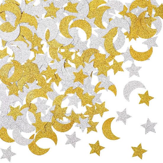 400 Pieces Glitter Star and Moon Paper Confetti Double Side Table Paper Confetti Sequin for Wedding Birthday Baby Shower Moon and Star Party Ramadan