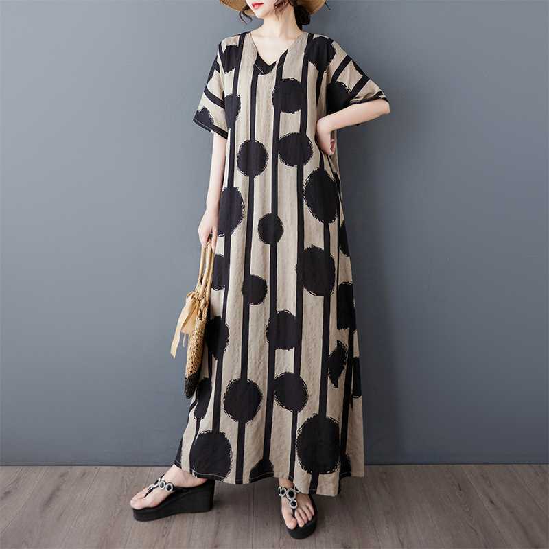 Thin Cotton and Linen Black Flower Robe Dress, Loose Long Skirt for Women