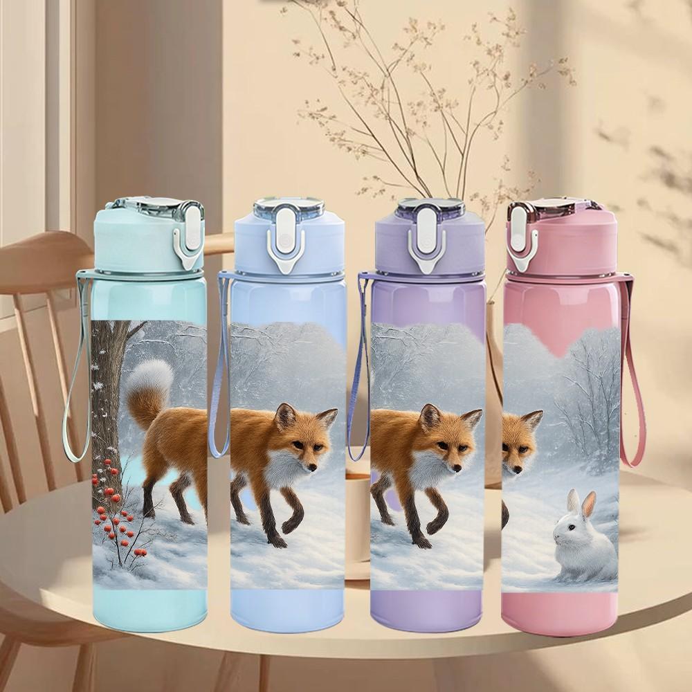 1PC Fox Winter Snow Forest Scene Print 750ml Color Plastic Sports Water Bottle Leakproof Flip Straw Lid Suitable for Sports Office Home Use