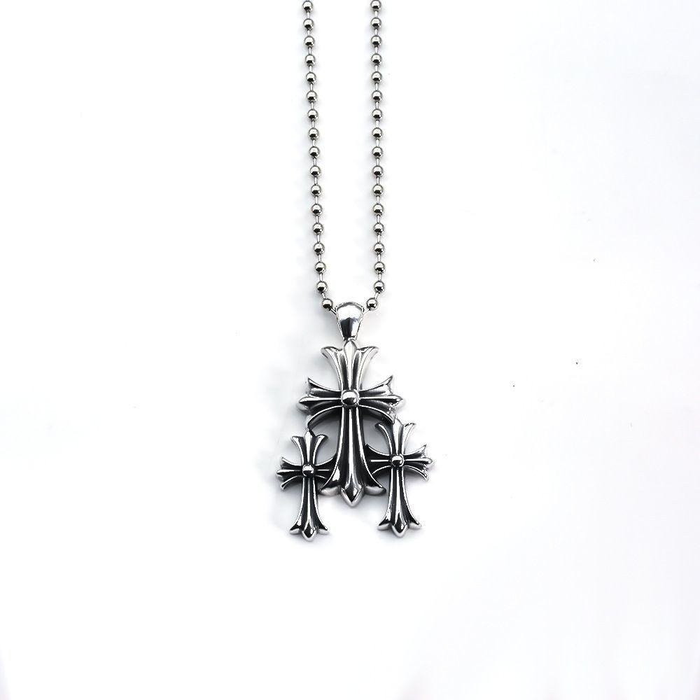 Chrome Hearts Gothic Forest Cross Pendant Necklace - Men's Retro Thai Silver Round Bead Necklace