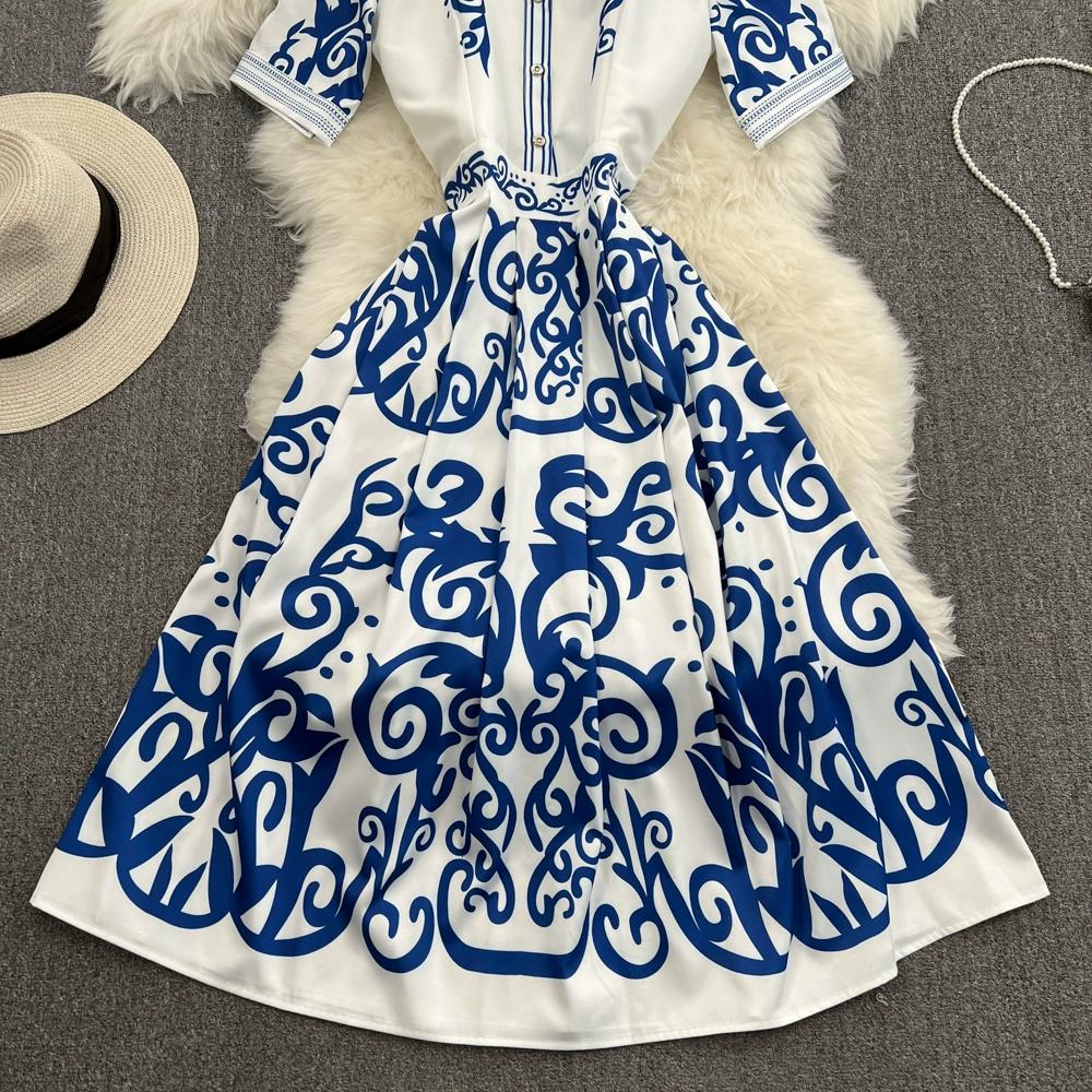 Summer Women Designer Print Runway Dress Short Sleeve Lapel Shirt Party Dresses