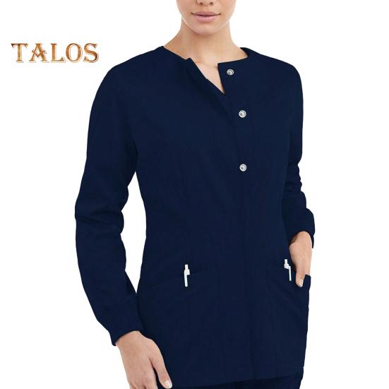 

Топ для салону краси з великими кишенями, планкою з трьома ґудзиками, з довгим рукавом і круглим вирізом для домашніх тварин Одяг для лікарів і медсестер, унісекс, робочий одяг для лікарень Салони M темно-синього кольору