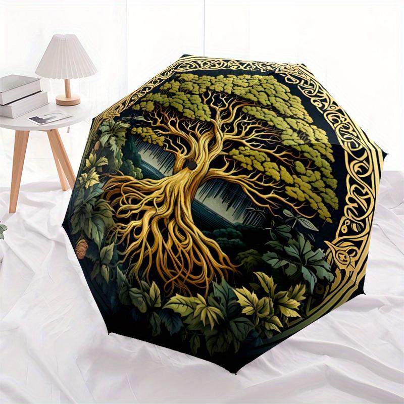 1pc Tree of Life Automatic Folding Umbrella, 8-Rib Sturdy Canopy, Portable Travel Umbrella for Outdoor Use