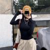 American Cinched Waist Long Sleeve T-shirt, Korean Style, High Stretch, Round Neck, Hot Girl Fashion for Autumn and Summer.