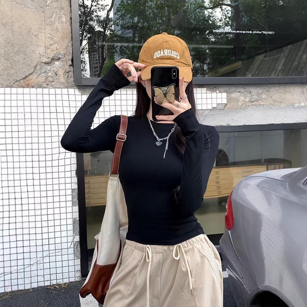 American Cinched Waist Long Sleeve T-shirt, Korean Style, High Stretch, Round Neck, Hot Girl Fashion for Autumn and Summer.