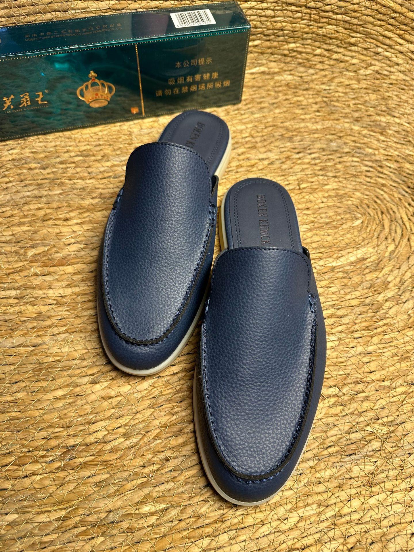 

New lychee pattern cowhide leather men s shoes flat-bottomed bag head slippers men s flat-bottomed outer wear one and a half slippers 48 темно-синий