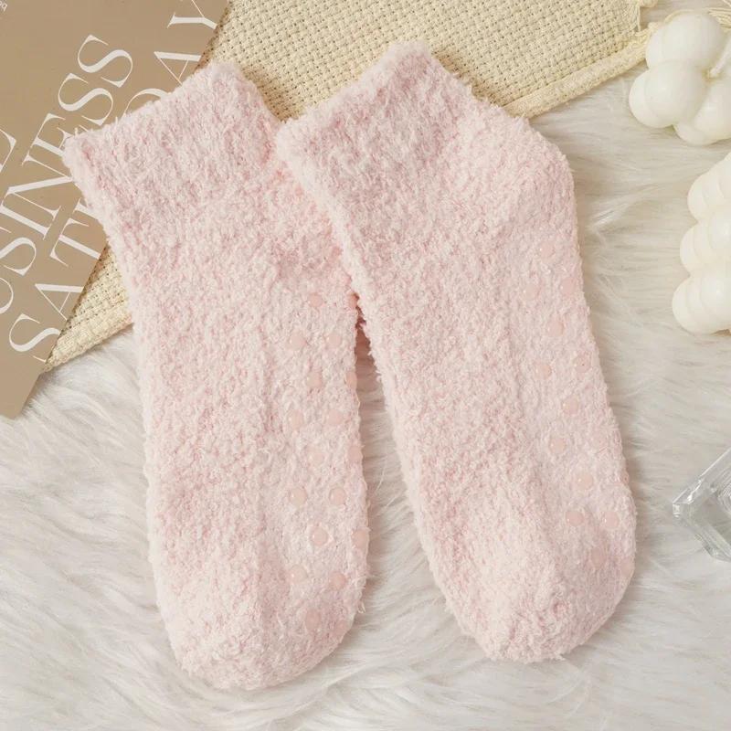 Autumn Winter Non-Slip Coral Floor Socks Women Thick Warm Thermal Home Carpet Sleep Slippers Socks Solid Color Casual Short Sock