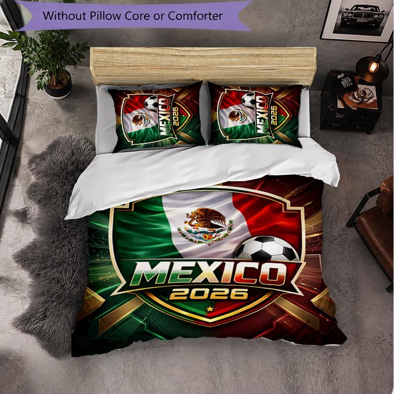 Mexico Footbal Pattern 3 Pieces Bedding Set Soft Microfiber Duvet Cover with Pillow Cases for Bedroom
