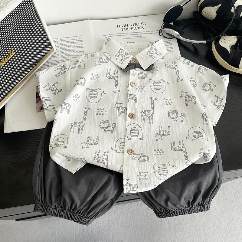 

Рубашка с коротким рукавом для мальчиков 0-5 лет, детский комплект из двух предметов: рубашка с мультяшным принтом + повседневные шорты XXL серый