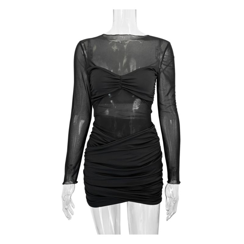 

Outfitgirl round Neck Long Sleeve Mesh Splicing Skirt Fashion Sexy Pleated Elastic Hip Tight Dress Black XS